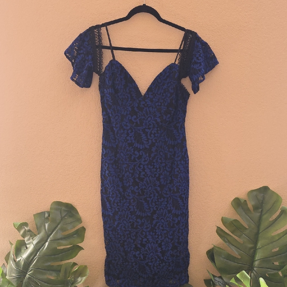Bardot Blue and Black Lace Midi Dress
